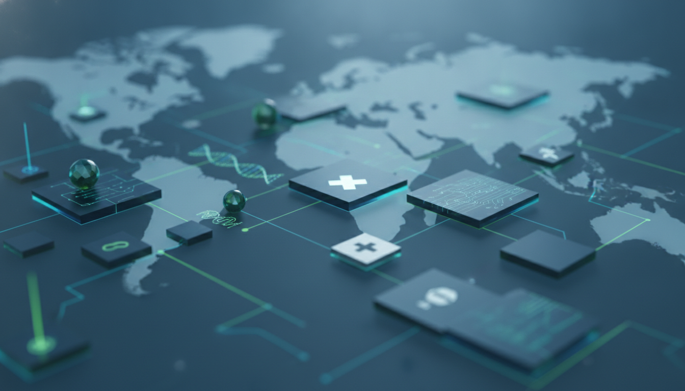 Abstract illustration of global medical technology and healthcare collaboration.