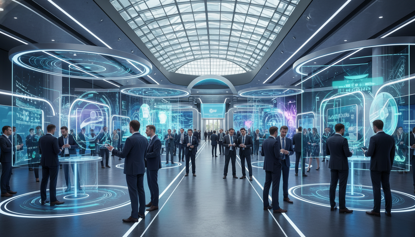 Attendees engaging with digital health innovations at a large, modern exhibition.