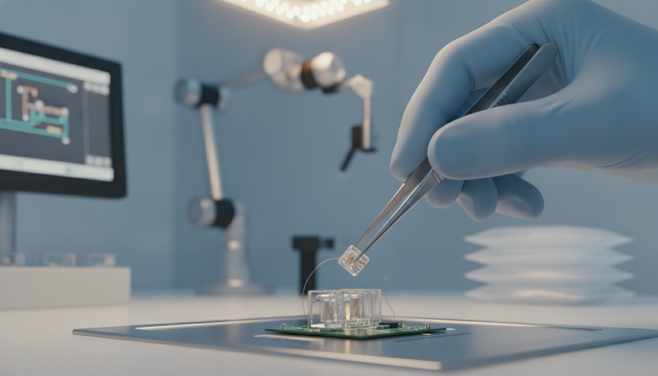 Close-up of a gloved hand performing precision assembly of a medical device component.