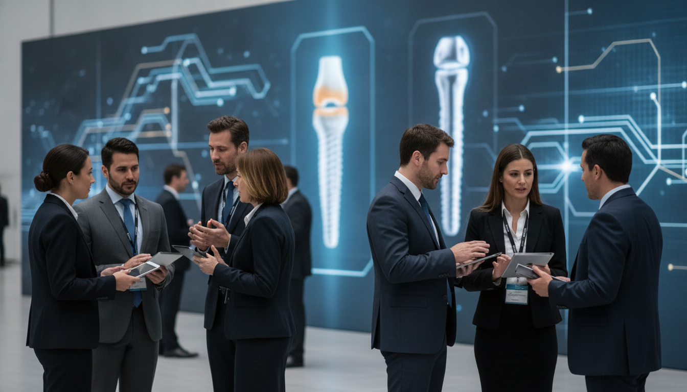Medical professionals networking at a global orthopedic conference, with abstract digital displays in the background.
