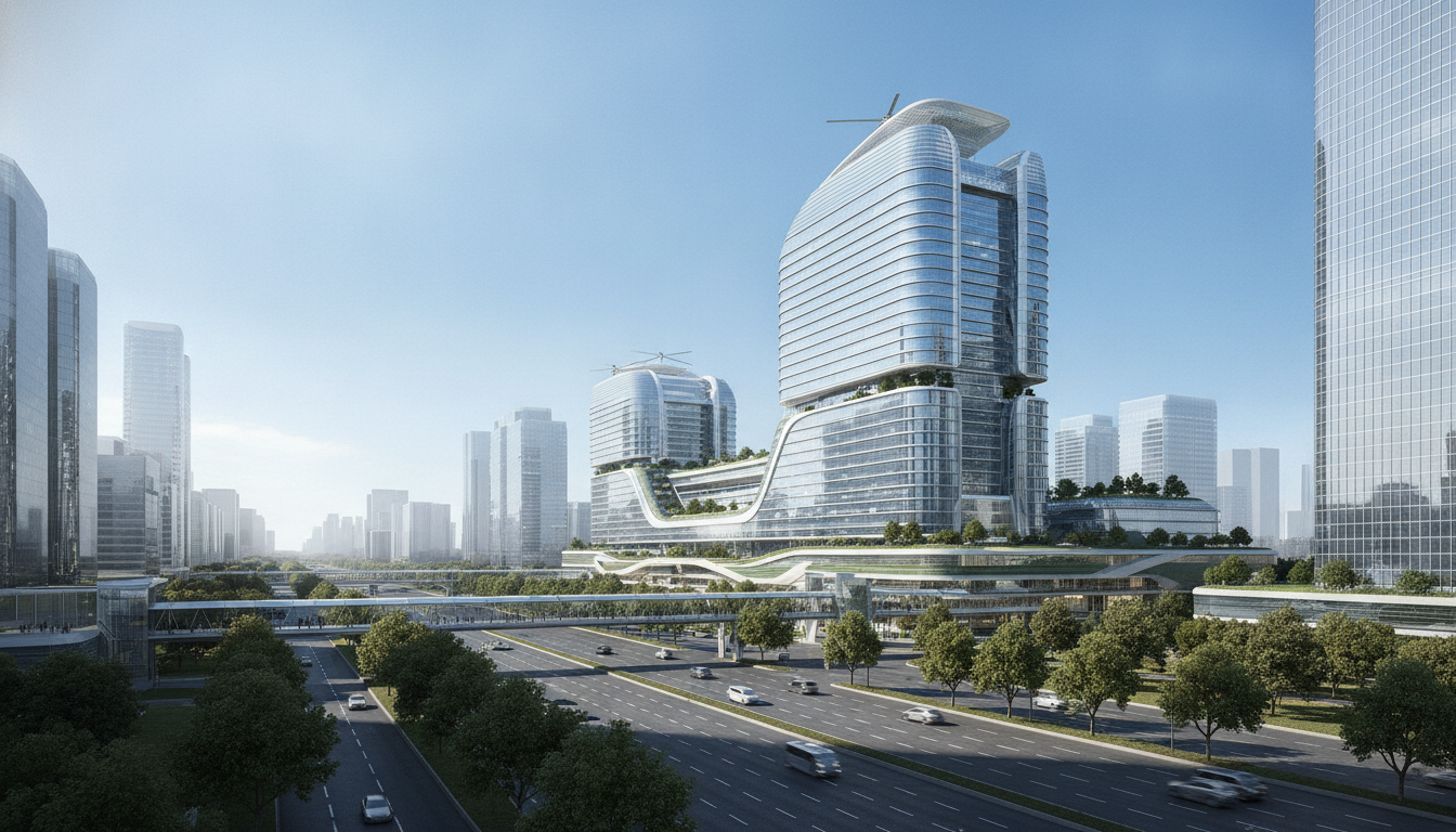 Exterior view of a modern, high-tech hospital building in an urban setting.