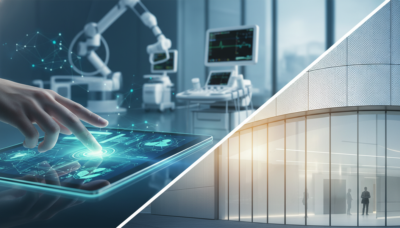 Digital health interface and modern hospital architecture representing healthcare innovation.