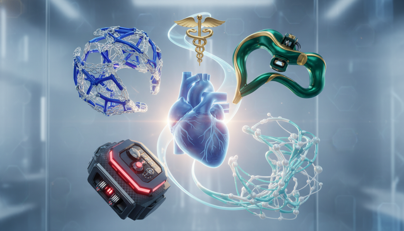 Conceptual image showing four distinct advanced medical technologies converging around a healthy heart, representing leading cardiovascular device companies.