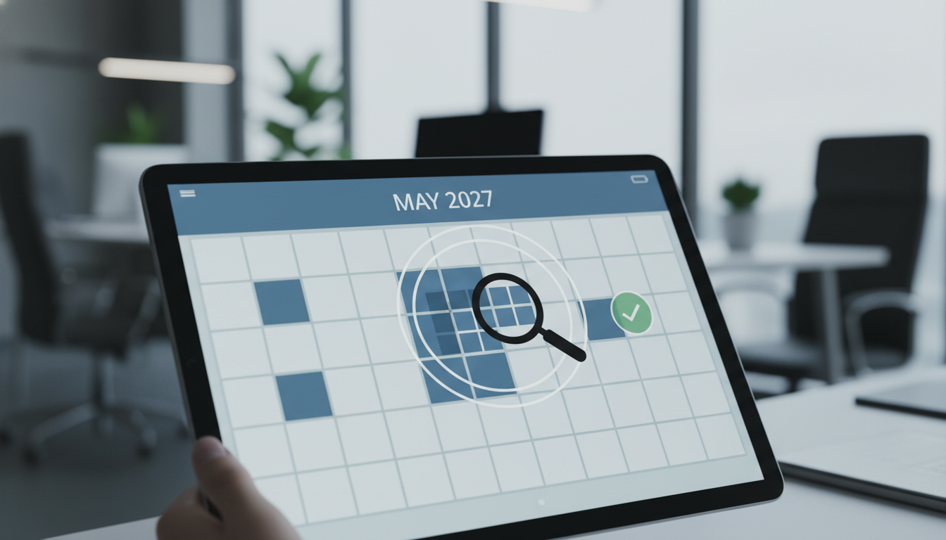 A digital calendar highlighting a future event date, with a magnifying glass, symbolizing event planning and verification.