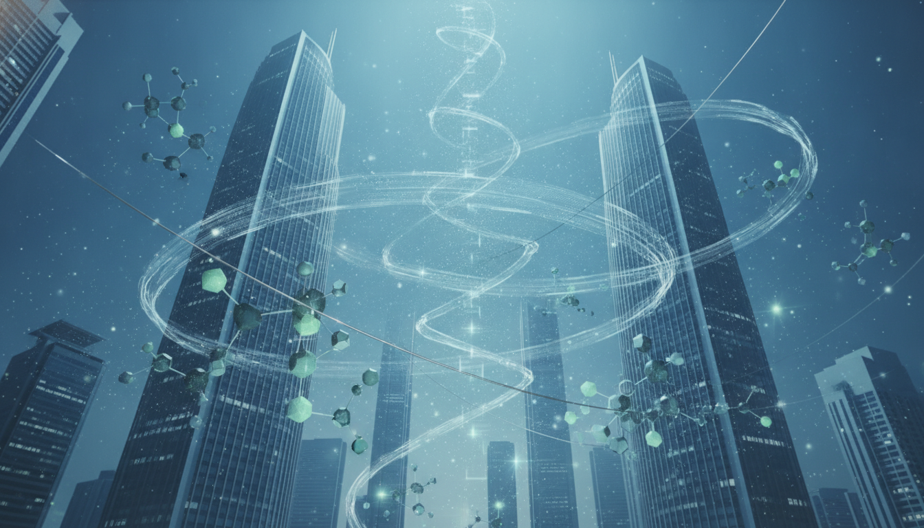 Abstract visual of pharmaceutical innovation and global connectivity in Seoul.