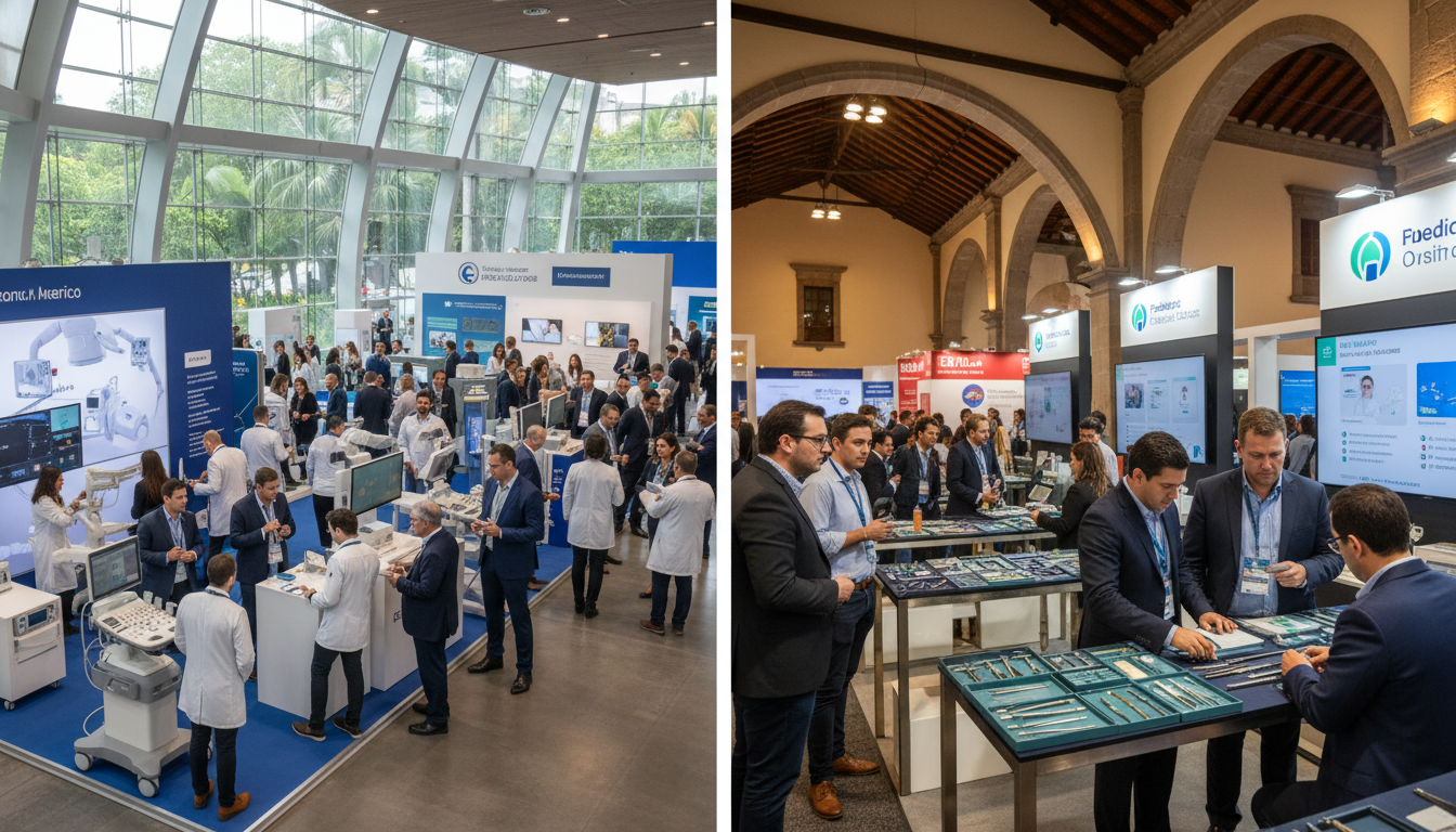 Two medical trade fair scenes, one representing Brazil and one Mexico, illustrating regional expansion.