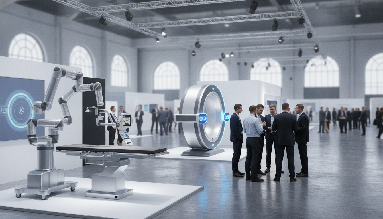 Attendees engaging with advanced medical technology exhibits at a professional trade show.