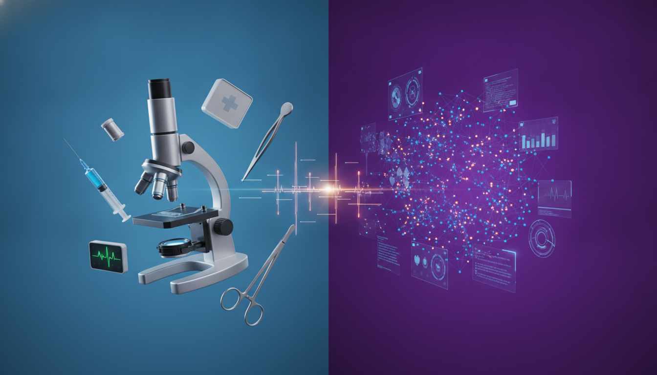 Visual comparison of traditional medical technology and digital health exhibition themes.