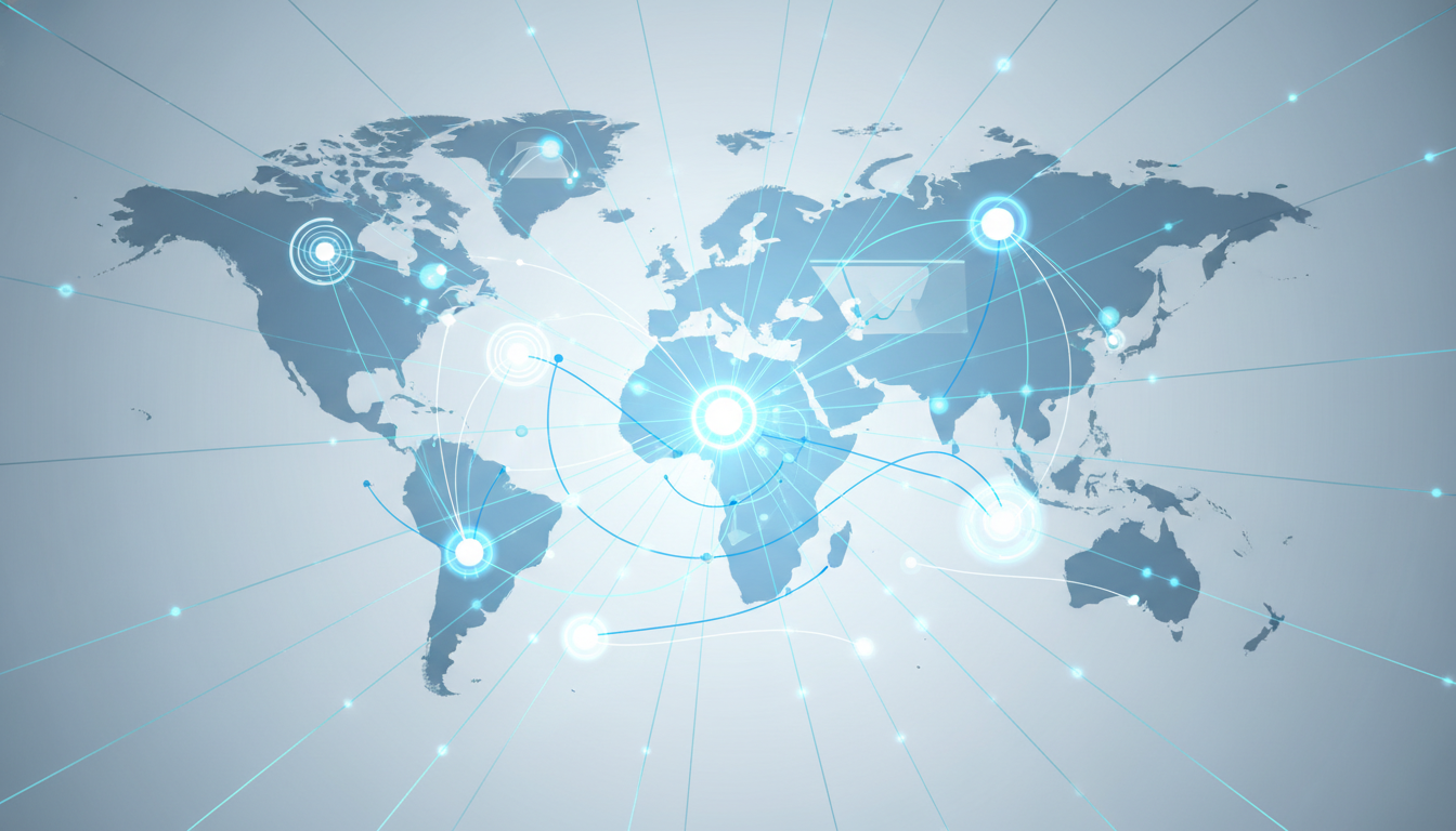 Abstract visual of global medical industry collaboration and interconnectedness.
