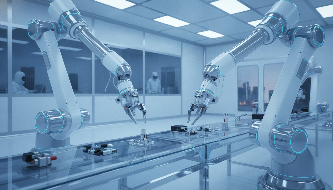 Automated precision manufacturing of medical devices in a sterile cleanroom.