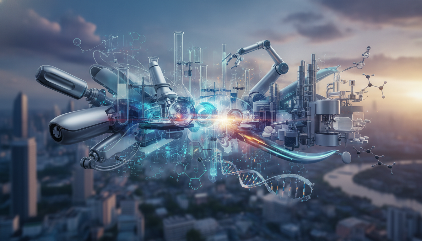 Abstract visual representing the integration of medical device design, laboratory equipment, and pharmaceutical technology.