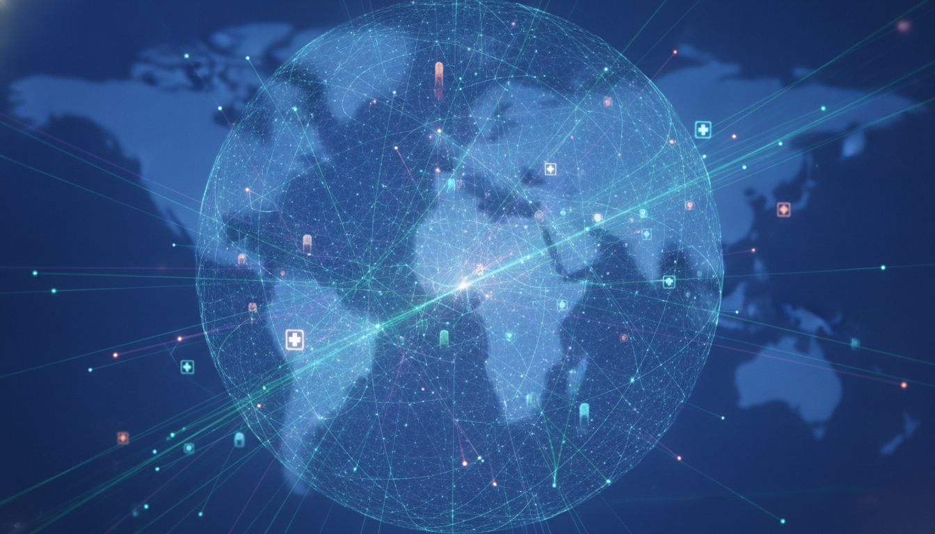 Abstract visualization of global health data, networking, and innovation.