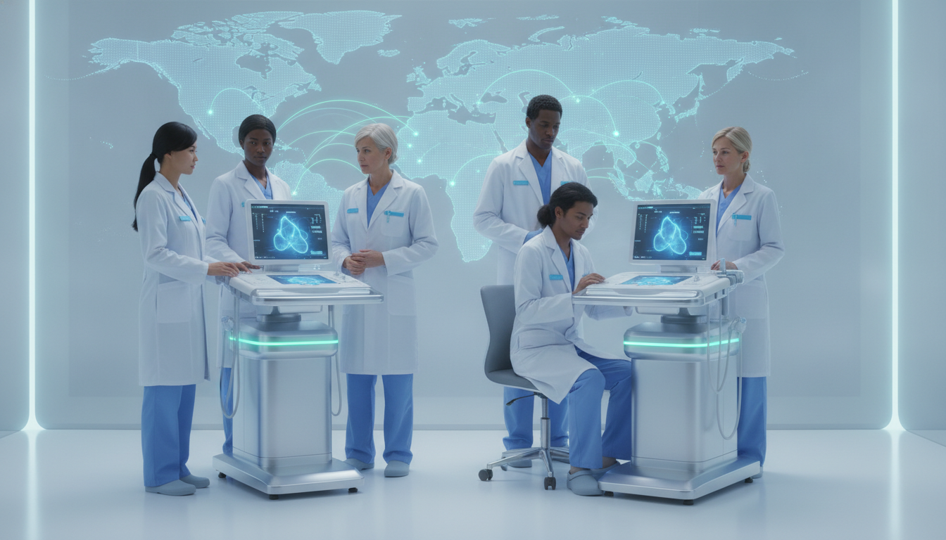 Medical professionals using advanced ultrasound equipment in a globally connected healthcare environment.