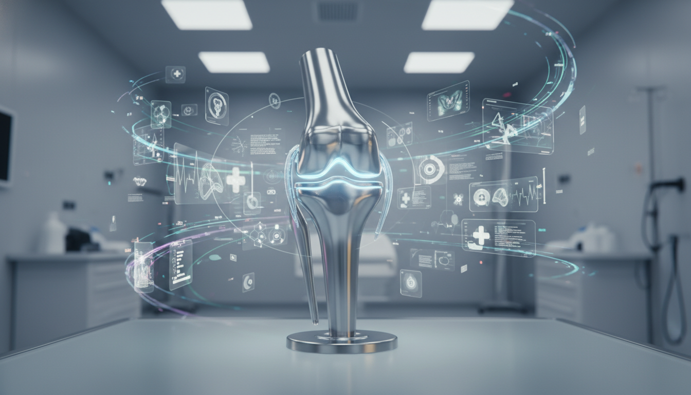 Stylized depiction of a glowing knee joint implant surrounded by abstract medical data, symbolizing orthopedic innovation.