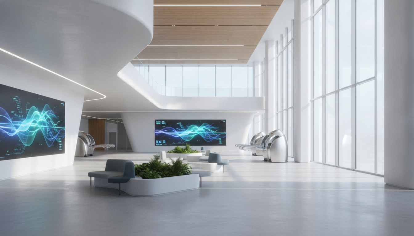 A contemporary hospital interior featuring digital health displays and advanced medical technology, representing modern healthcare infrastructure.