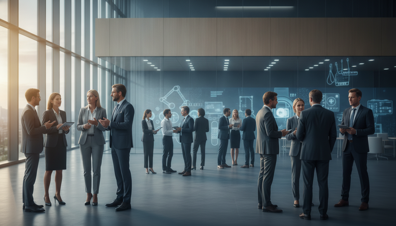 Industry professionals networking at a European medical technology event.