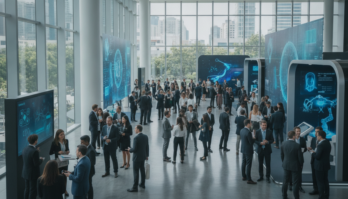 Diverse international attendees networking at a large, modern healthcare convention in Bangkok.