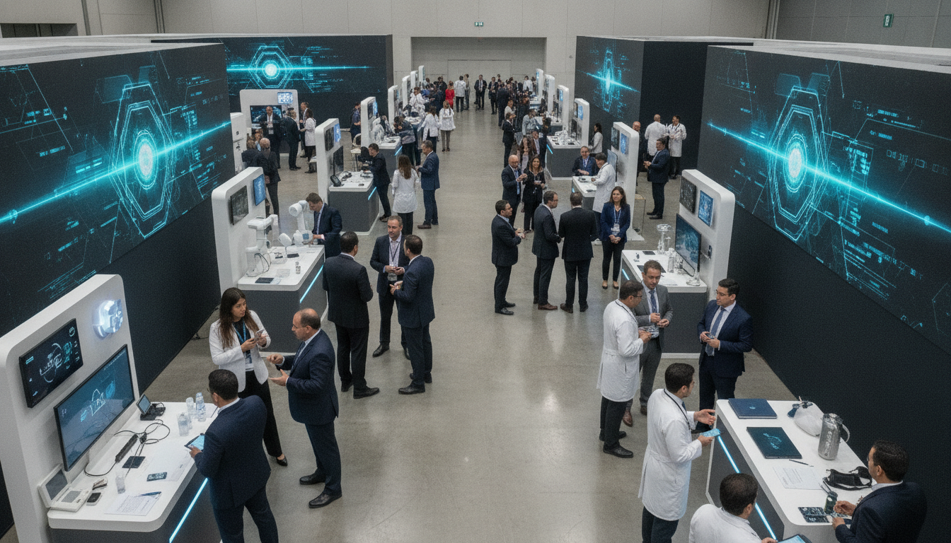 Healthcare professionals networking and exploring medical technology at a large exhibition in Latin America.