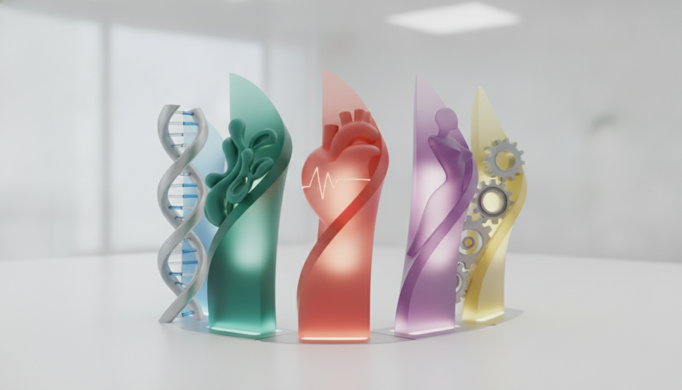 Abstract representation of five interconnected pillars symbolizing diverse diagnostic specializations and market integration.