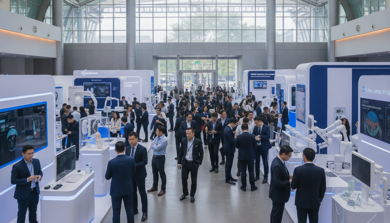 Professionals networking at a modern medical exhibition in Southeast Asia.