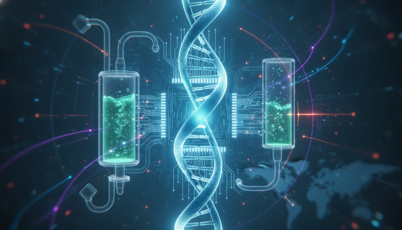 A conceptual image illustrating the convergence of biotechnology, digital health, and manufacturing.