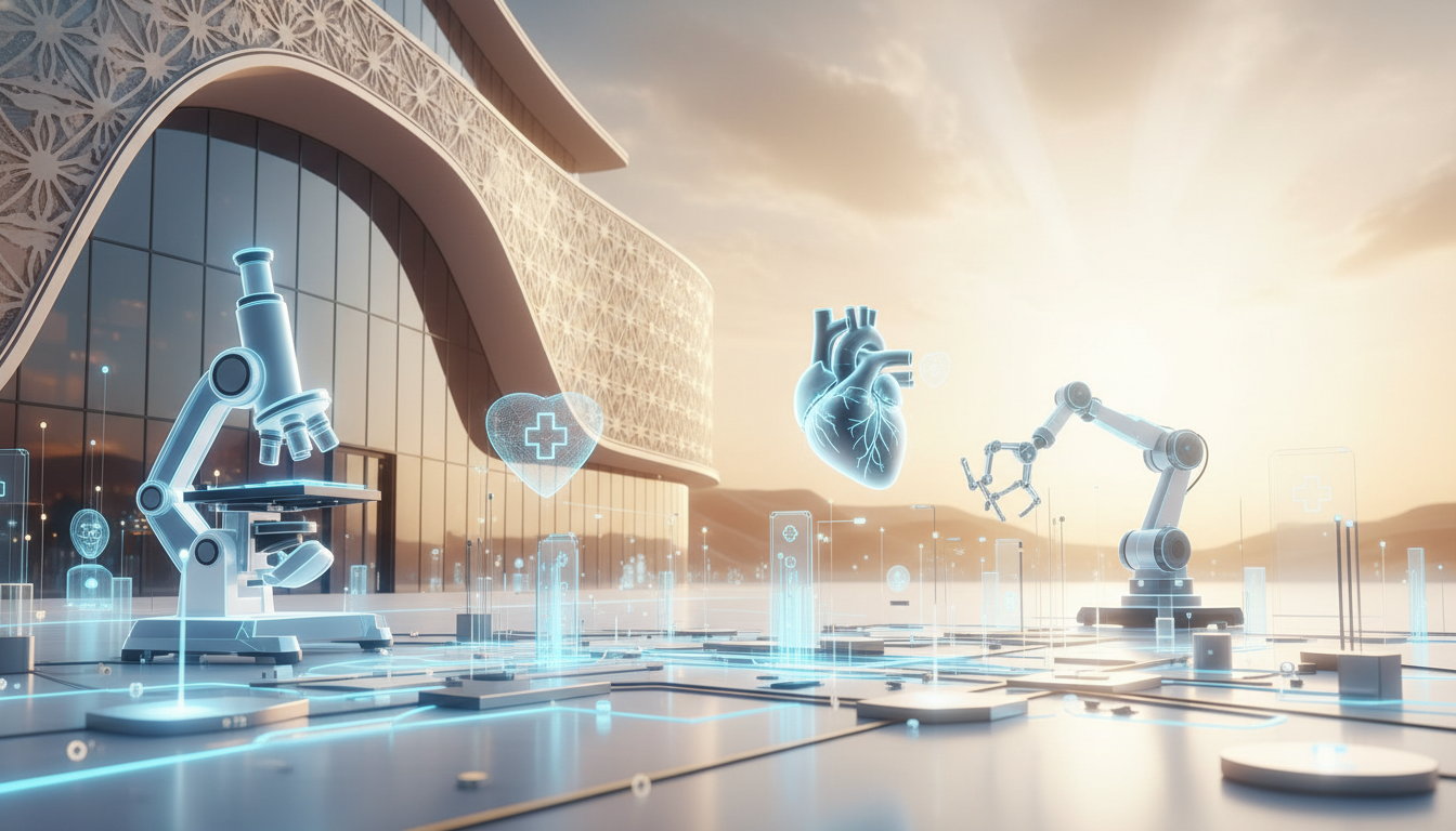 Abstract representation of global healthcare technology and innovation connecting with the Middle East.