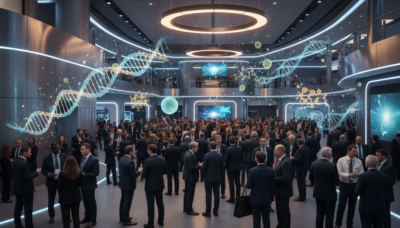 Professionals networking in a futuristic convention center, surrounded by abstract biotechnology visualizations.
