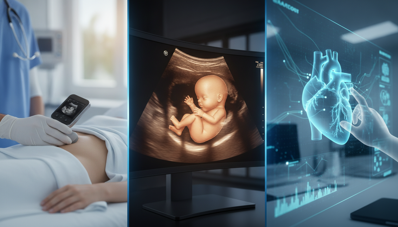 Multiple views of advanced ultrasound technology, including portable devices, 3D/4D imaging, and AI-assisted diagnostics.