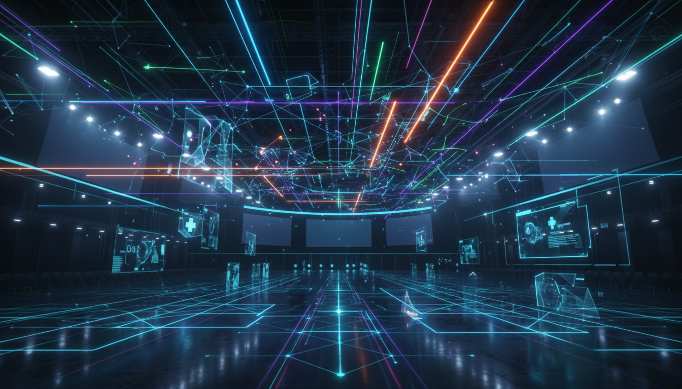 Abstract visualization of digital health innovation and interconnected technology.