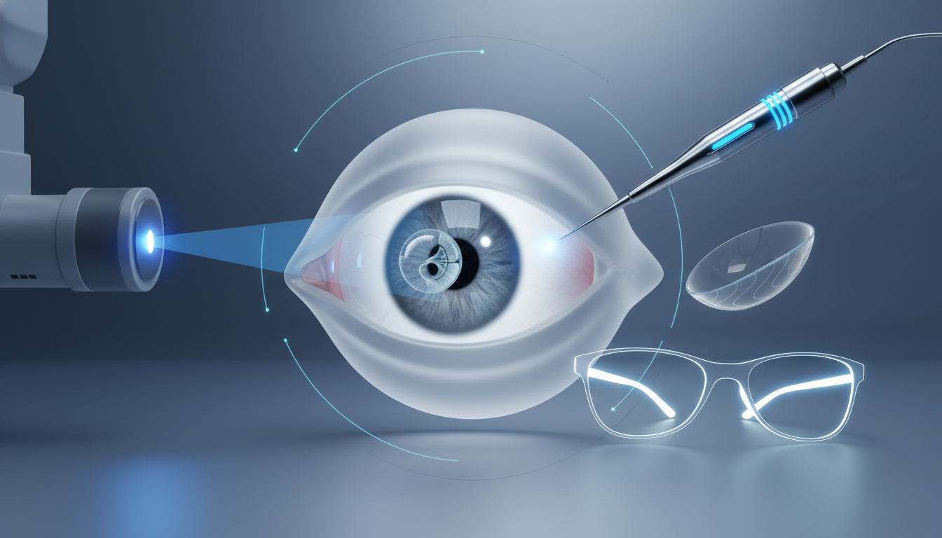 A visual representation of advanced ophthalmic technologies including diagnostic imaging, surgical tools, and vision correction solutions.