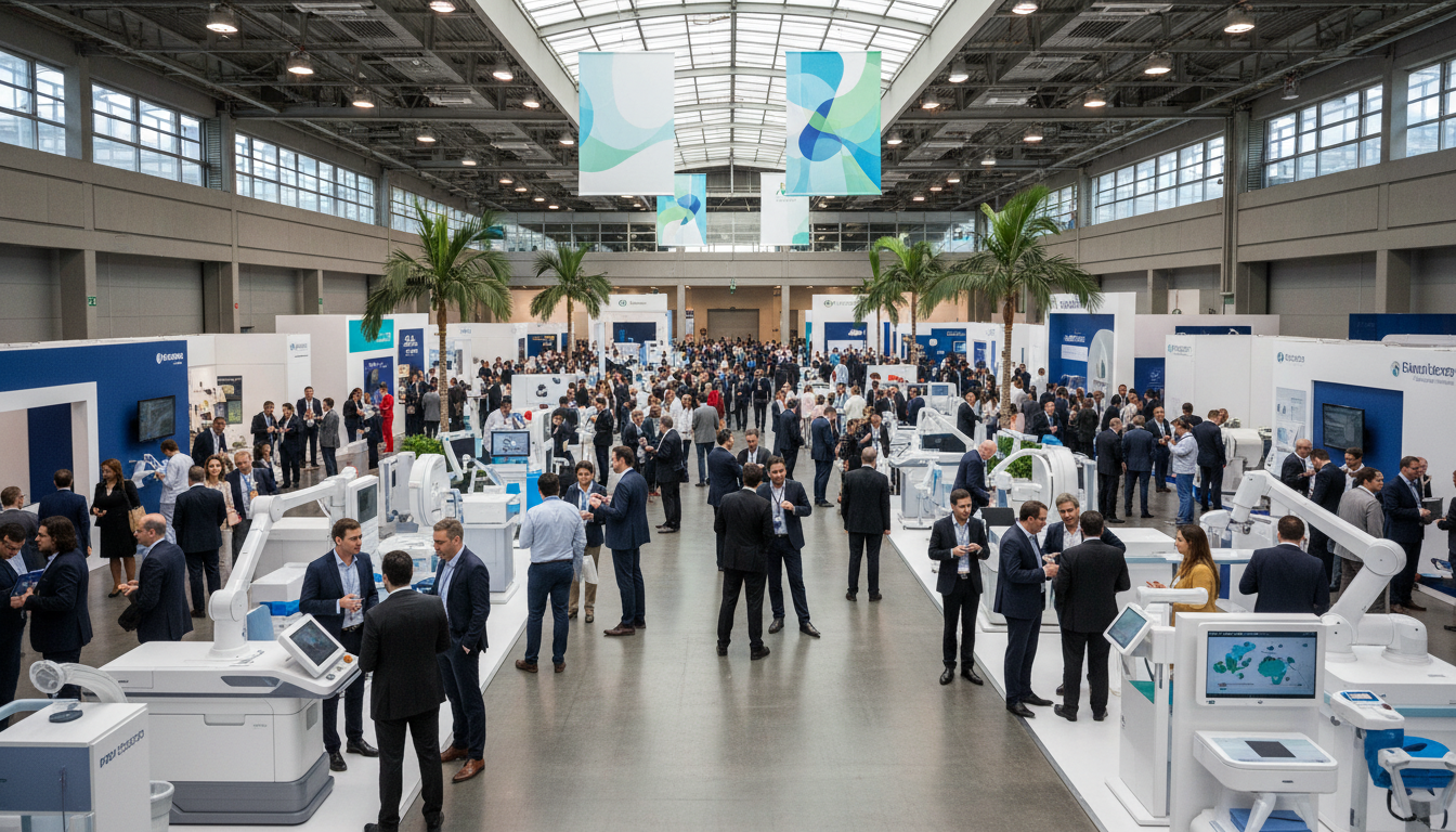 Professionals interacting with medical technology at a large, modern healthcare trade fair.