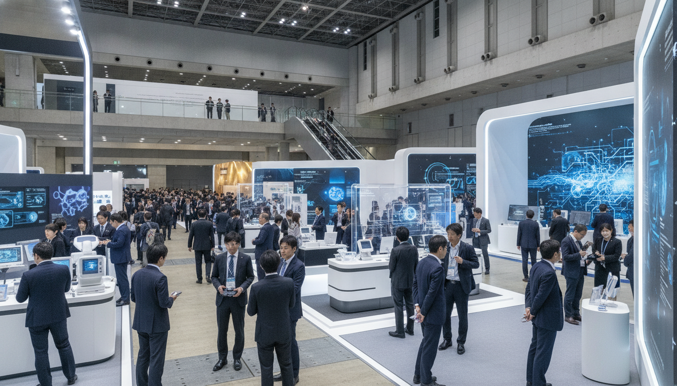 Attendees networking and exploring medical technology at a large exhibition in a modern Japanese convention center.