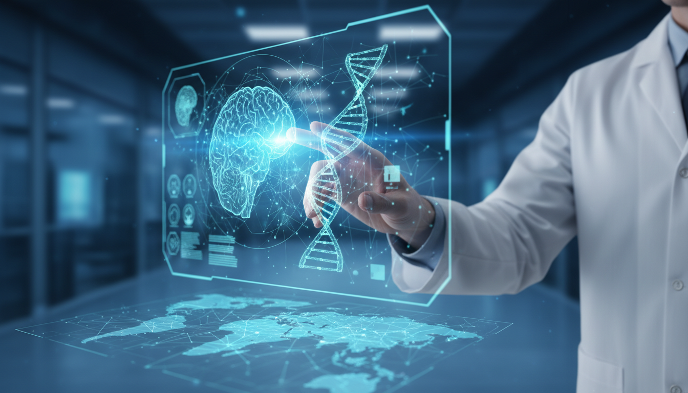 Abstract visualization of a doctor interacting with AI-powered digital health diagnostics on a holographic display.