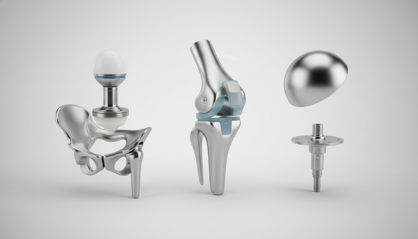 Comparison of various orthopedic implants including hip, knee, and shoulder replacements, highlighting product diversity.