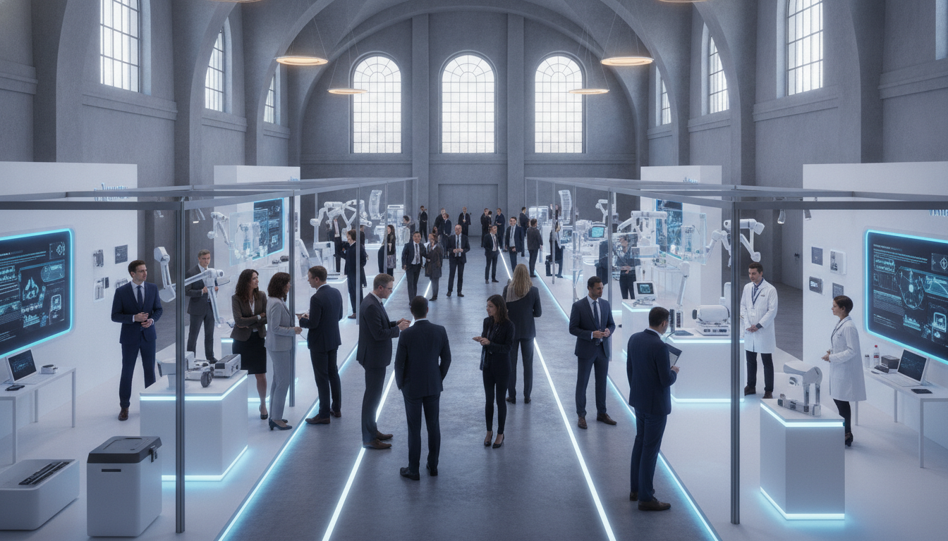 Professionals networking at a modern medical technology exhibition in Europe.