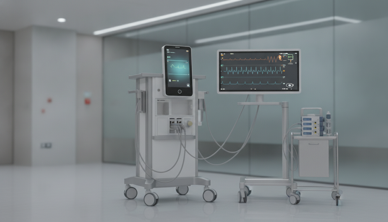 Array of modern anesthesia and critical care medical devices.