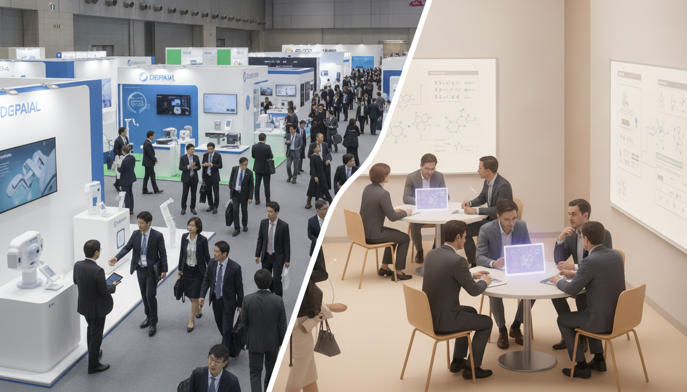 A visual comparison between a large-scale medical trade show and a focused life science partnering event in Japan.