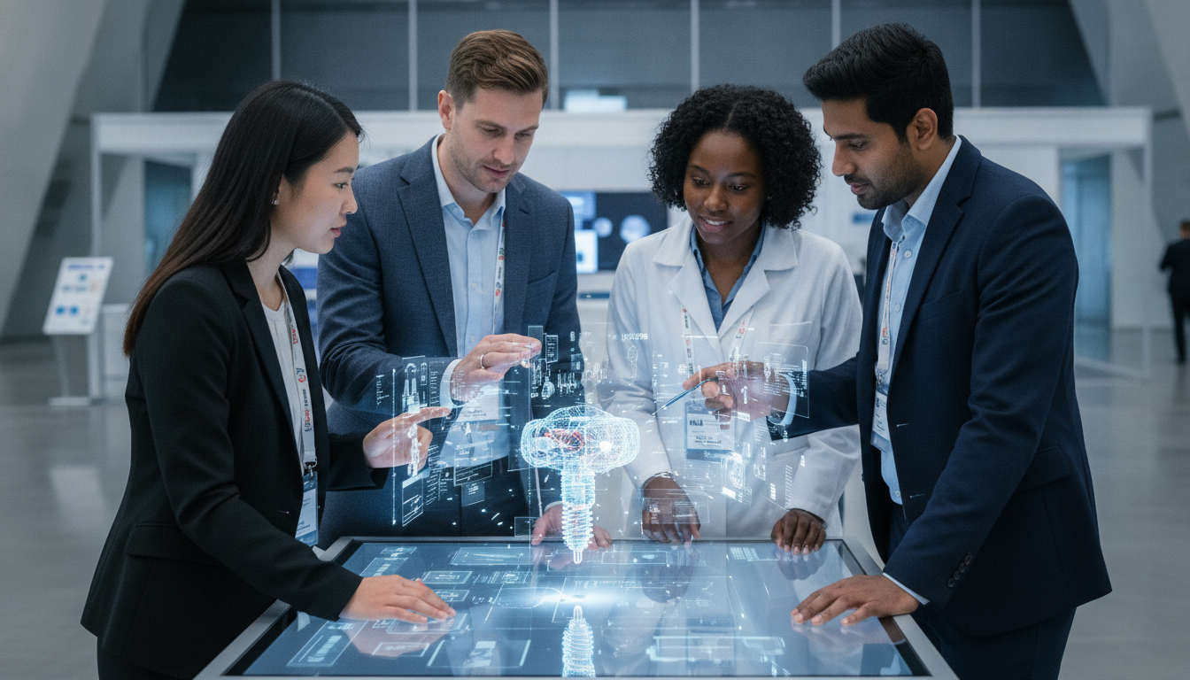 Diverse team collaborating on a holographic display of a medical implant design.