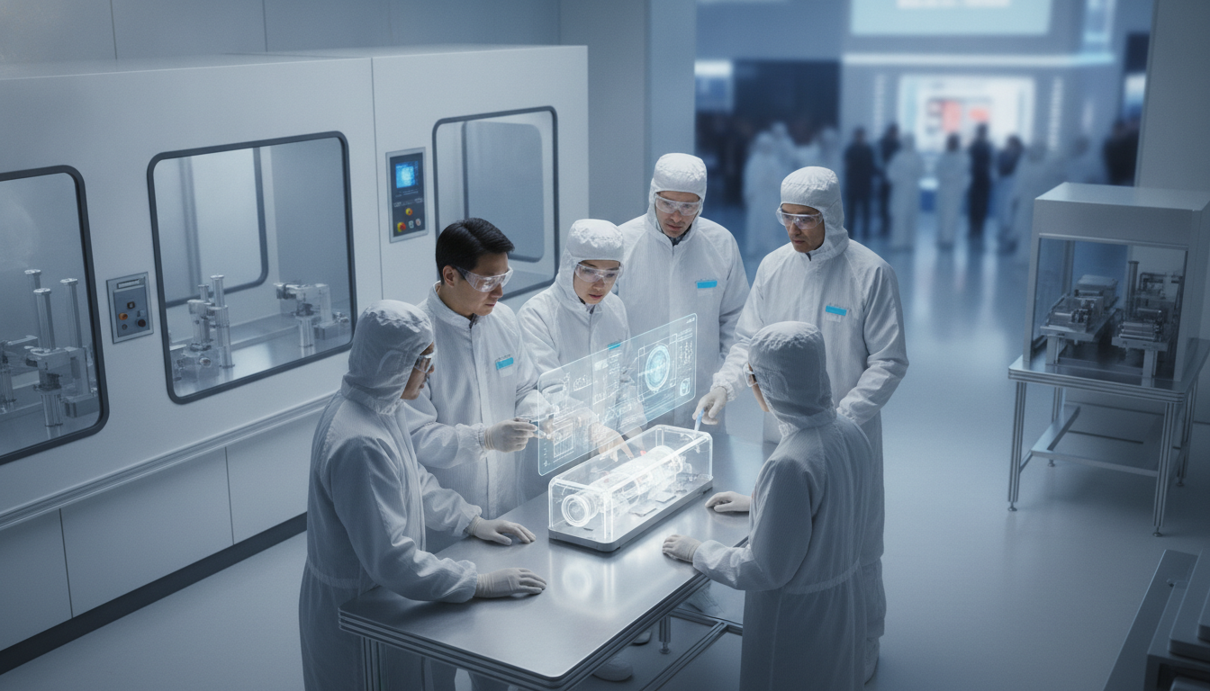 Engineers collaborating on medical device innovation in a cleanroom setting.