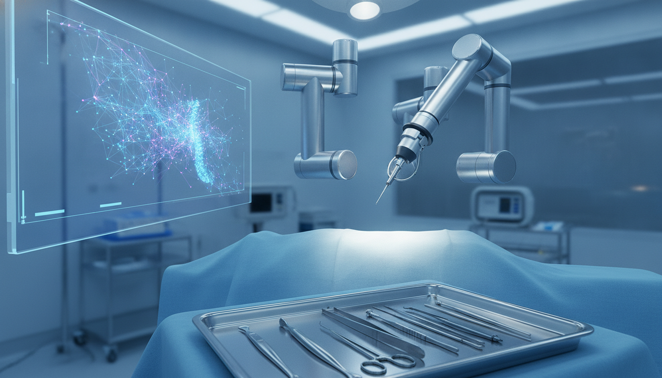 A high-tech neurosurgical operating room with a robotic arm, digital imaging display, and precision instruments, illustrating advanced surgical capabilities.