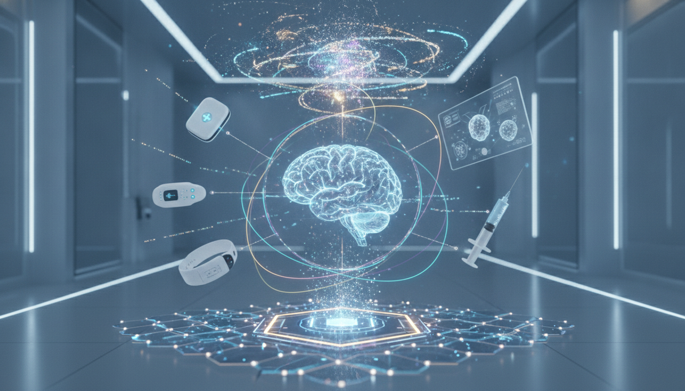 Abstract visualization of digital health innovation with interconnected devices and AI data.