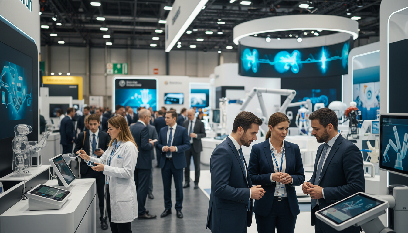 Professionals networking at a modern medical technology exhibition in Germany.