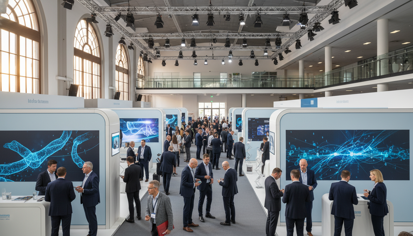 Professionals networking at a medical technology exhibition.