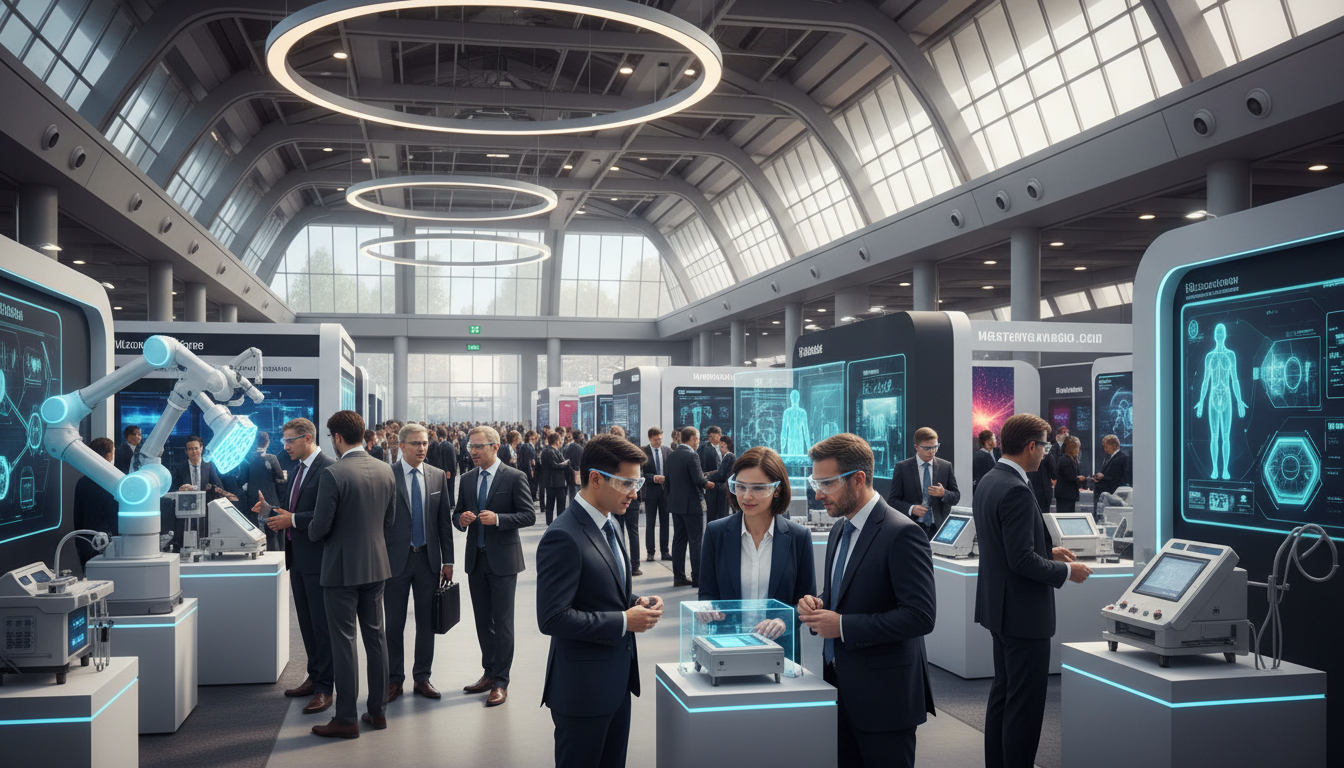 Professionals networking amidst advanced medical technology in a modern Asian exhibition hall.