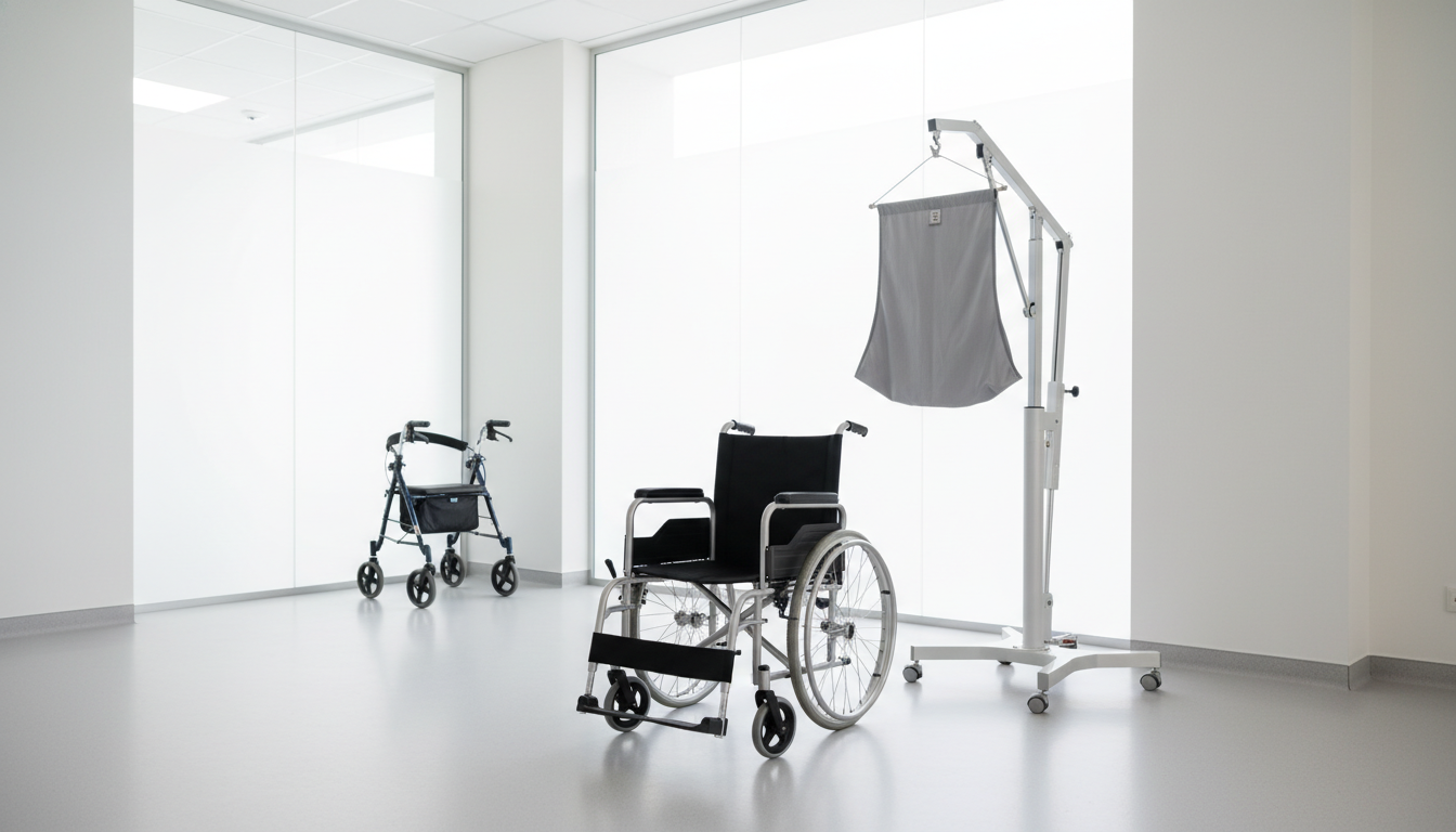 Modern rehabilitation and patient transfer medical devices in a professional healthcare setting.