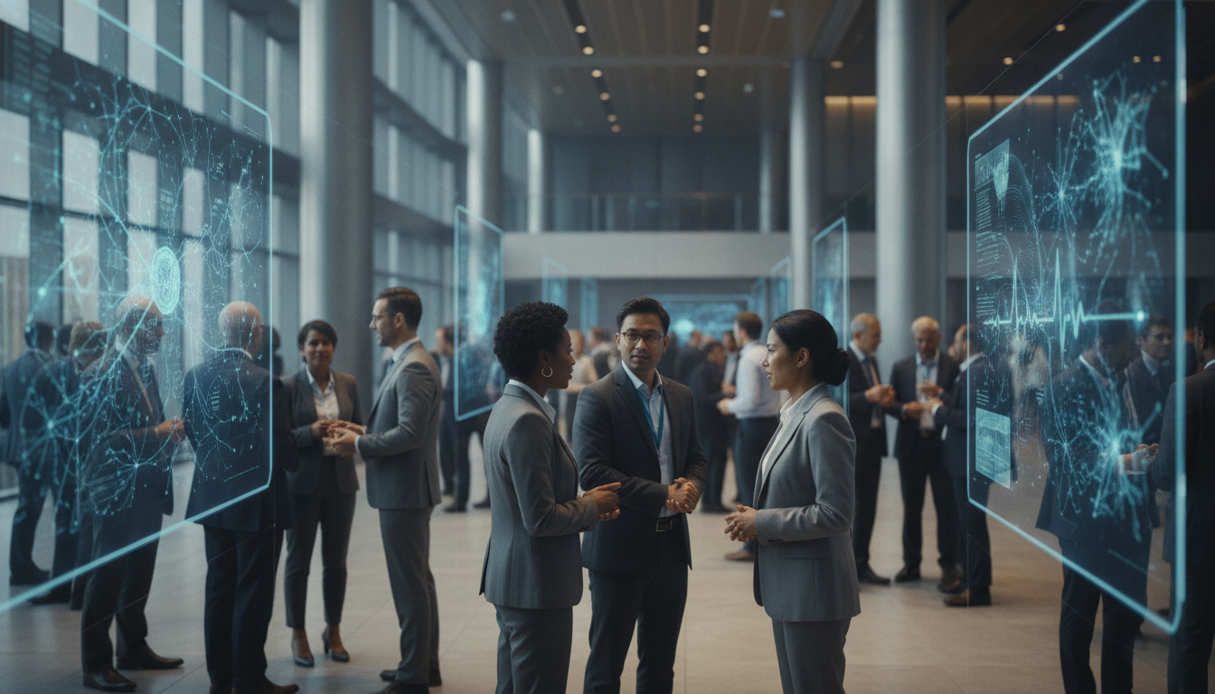 Professionals networking at a modern digital health conference.