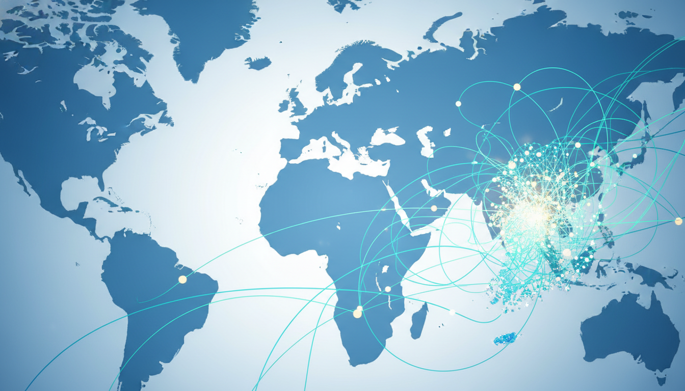Abstract visualization of global medical industry connections and trade networks.