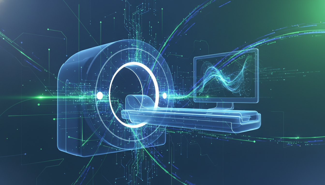 Abstract visualization of AI and digital data transforming modern medical technology and healthcare systems.