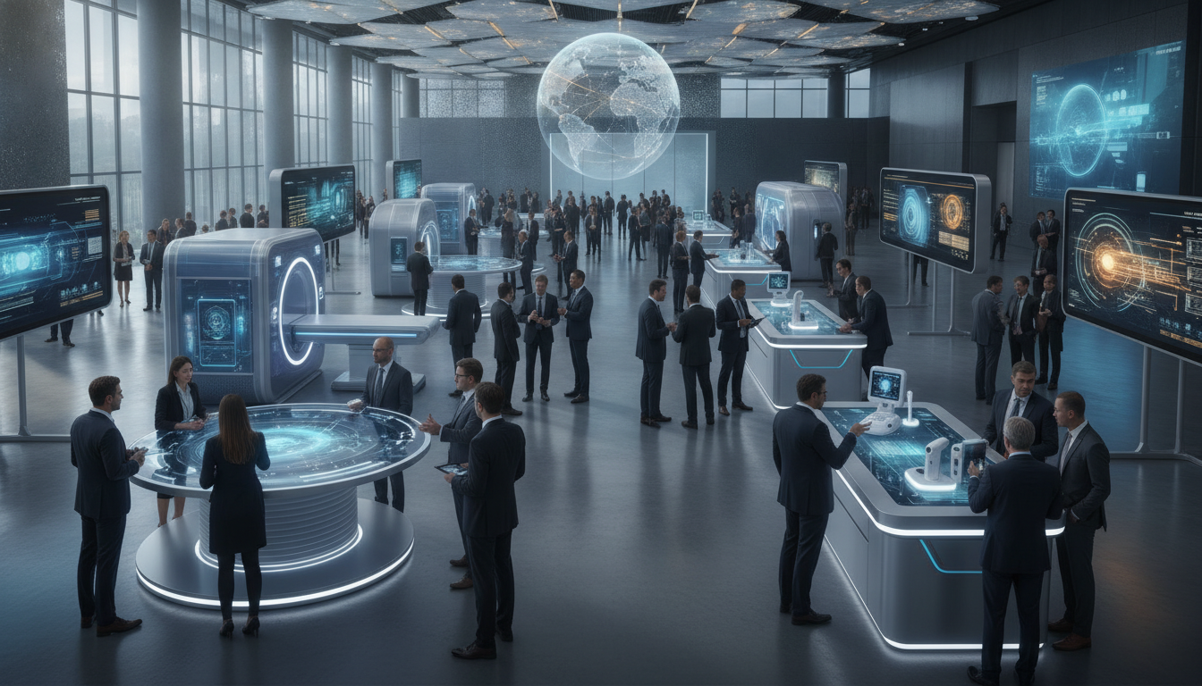 Diverse medical professionals engaging with advanced imaging technology at a global congress.
