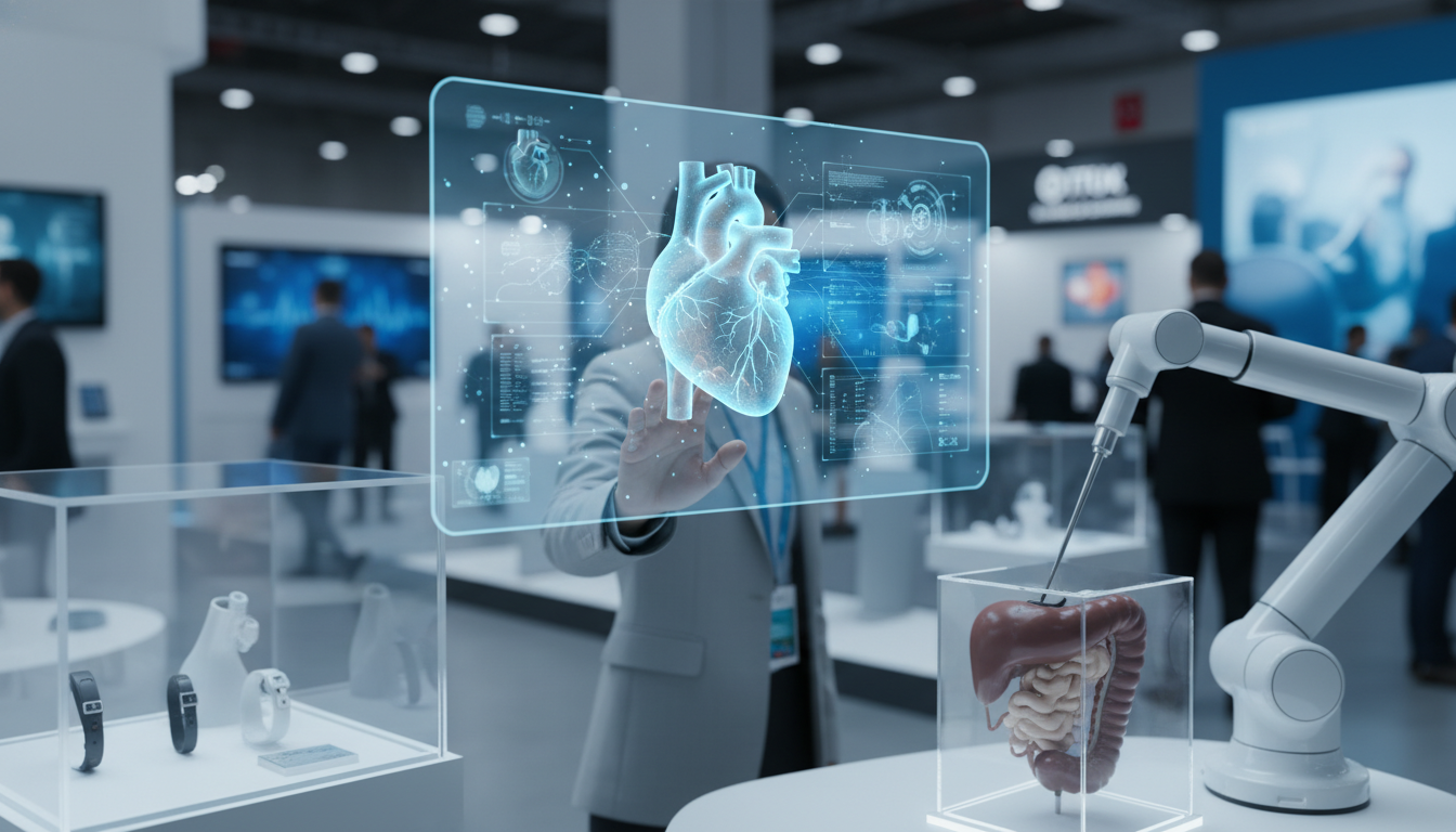 A person interacting with a digital healthcare solution, such as a holographic interface or robotic medical device, at a technology exhibition.